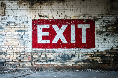 A bold red exit sign contrasts with a weathered brick wall, echoing neglect and history.の素材