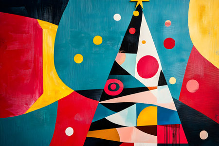 A colorful abstract art piece showcases a stylized Christmas tree amidst a dynamic background.の素材