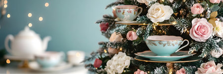 Charming tea features delicate cups amid flowers, evoking warmth and joy during celebration.の素材