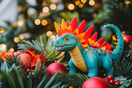 Vibrant dinosaur toy is placed among Christmas decorations and glowing lights, adding cheer.の素材