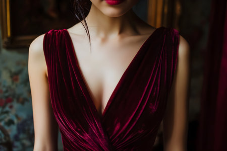 A graceful figure in a burgundy velvet dress stands poised within an elegant, vintage room.の素材