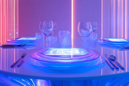 A luxurious dining setup features glowing plates and reflections in a colorful ambiance.の素材