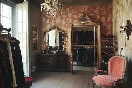 A charming dressing room with ornate mirrors, plush seating, and stylish clothing.の素材