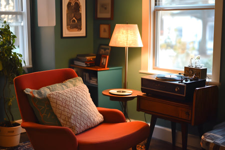 A soft armchair invites relaxation next to a vintage record player, illuminated by gentle light.の素材