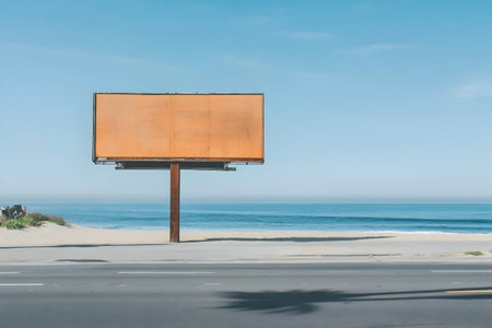 A vacant billboard overlooks a peaceful beach and calm waves on a bright sunny day.の素材