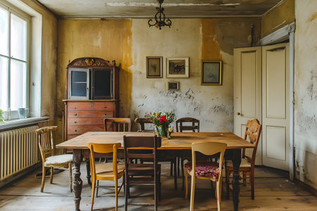 Rustic dining room with a wooden table, bright chairs, and fresh flowers for a cozy vibe.の素材