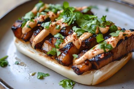 A delicious grilled sandwich adorned with vibrant herbs and spicy sauce, served on a rustic plate.の素材