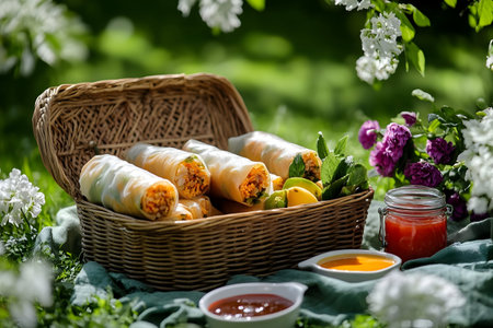 A picnic basket full of savory rolls rests on a blanket among colorful blooms and greenery.の素材