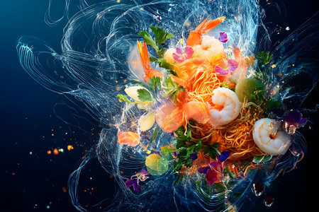 A blend of vibrant shrimp, noodles, and herbs shines against a dark backdrop, showcasing artistry.の素材