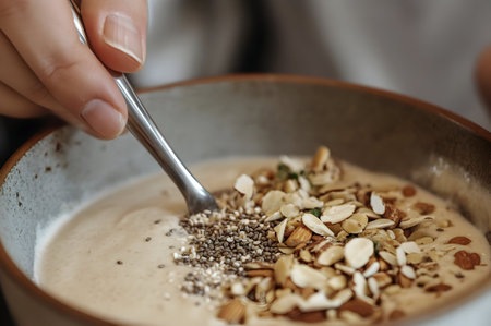 A hand adds chia seeds to a creamy oatmeal bowl adorned with nuts for a healthy breakfast treat.の素材