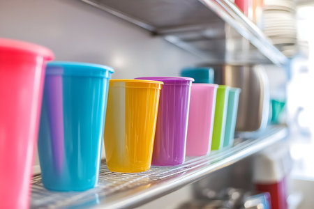 Brightly colored cups lined up on a shelf, creating a cheerful atmosphere in the kitchen.の素材