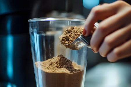 A hand delicately measures protein powder into a glass in a warm kitchen filled with soft light.の素材