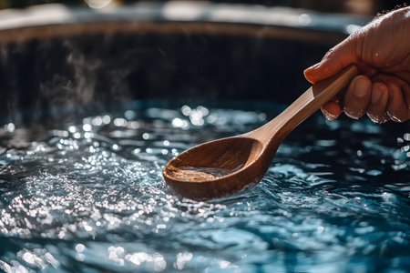 A person stirs warm water with a wooden spoon, creating gentle ripples in a calm setting.の素材