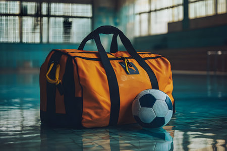 An orange duffel bag rests next to a black and white soccer ball in a peaceful training space.の素材