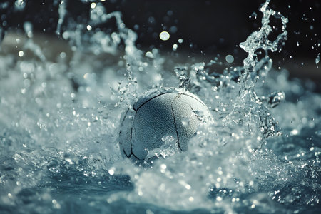 A water polo ball disrupts the tranquil water surface, creating dynamic splashes and droplets.の素材