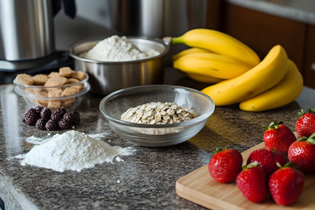 Colorful fruits and wholesome grains await a nutritious breakfast preparation in a cozy kitchen.の素材