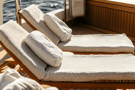 Cozy loungers invite relaxation on a yacht, basking in warm sunlight and gentle sea breezes.の素材