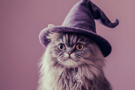 A fluffy gray cat dons a stylish purple wizard hat, captivating with its enchanting gaze.の素材