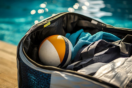 A bright beach ball sits by a sparkling pool, ready for summer fun and relaxation.の素材