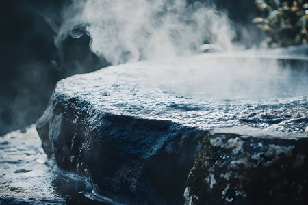 Steam envelops the rugged stone, giving warmth to the natural hot spring as day begins.の素材