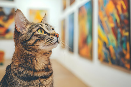 A curious cat watches colorful art in a gallery, captivated by the creativity around it.の素材