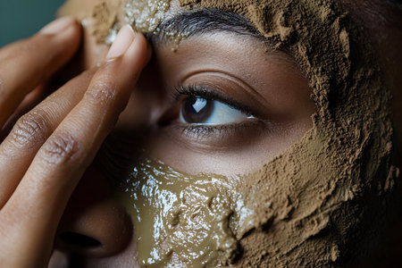 A woman gently applies a clay mask to her face, focusing on skin rejuvenation and self-care.の素材