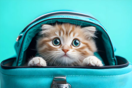 A playful kitten with big eyes peeks from a turquoise carrier, showing off its cuteness.の素材