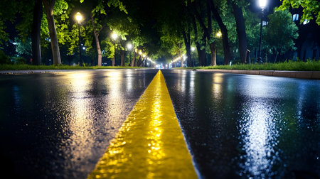 Bright yellow lines stretch down a wet road surrounded by trees and soft lights at night.の素材