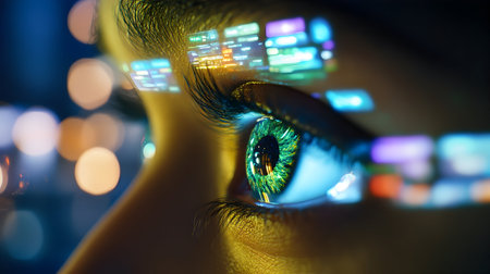 A close-up view of an eye filled with vivid digital displays reflecting deep curiosity and wonder.の素材