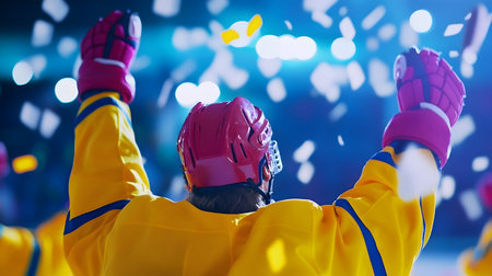 A victorious athlete in a bright yellow jersey raises arms in excitement, confetti falling around.の素材