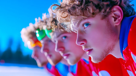 Young athletes set their gaze ahead, ready for an intense cross-country skiing race amid the snow.の素材