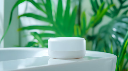 A cream container is elegantly placed on a countertop, accentuated by vibrant green leaves.の素材