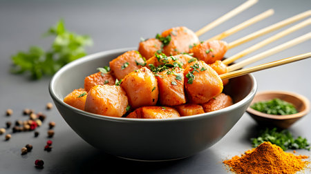 chicken skewered skewered with spices sit in a bowl, ready for grilling and savoring.の素材