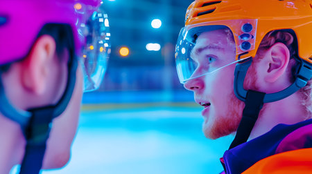 Two young hockey players discuss strategy while preparing on the rink under bright lights.の素材