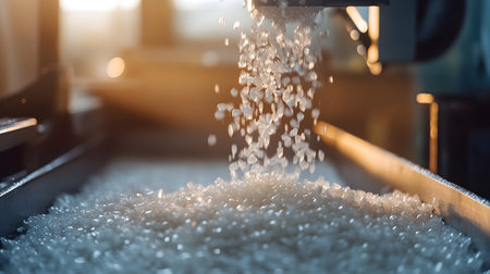 Sunlight filters through windows, illuminating as shimmering granules pour into a large container.の素材