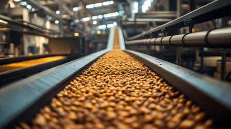 A busy factory has a conveyor belt of golden grains under bright industrial lights.の素材