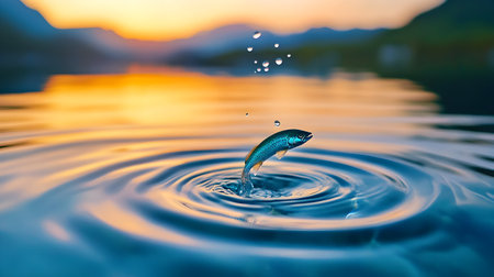 A fish leaps gracefully from the water, creating ripples as the sun sets in the background.の素材