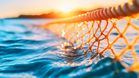 Sunlight dances on water as waves softly lap around a fishing net, creating a tranquil scene.の素材
