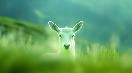 A graceful deer peers through tall green grass, surrounded by misty mountains during dusk.の素材