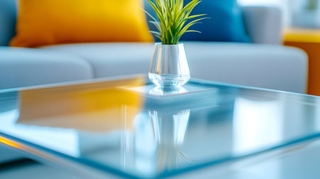 A sleek coffee table with a small plant sits in a cozy room filled with colorful cushions.の素材