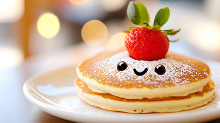 Sweet pancakes with a playful face create a cheerful breakfast moment, inviting joy and delight.の素材