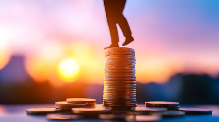 A tiny figure on a coin stack symbolizes hope against a colorful sunset.の素材