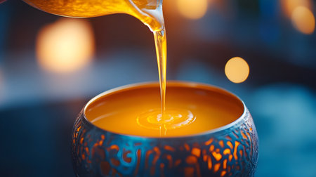 Liquid gold flows into a bowl, casting a warm glow in the tranquil evening.の素材