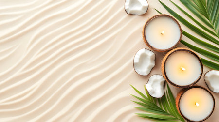 Three candles sit peacefully among coconut shells and palm leaves on a calming sandy backdrop.の素材