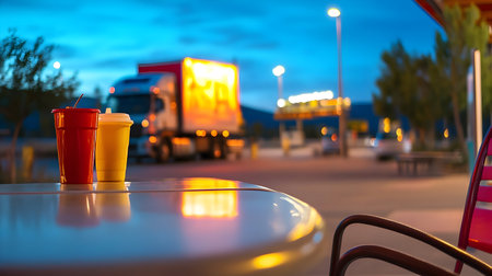 Two colorful drinks sit on a table as a truck passes by at dusk, creating a vibrant scene.の素材