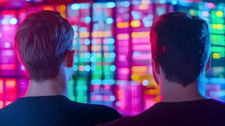 Two friends stand close together, captivated by colorful digital screens glowing in the darkness.の素材