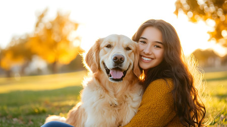 Girl and her golden retriever sit together in a park during a sunny autumn afternoon.の素材