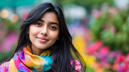 A young woman stands joyfully while wearing a colorful scarf in a blooming garden.の素材