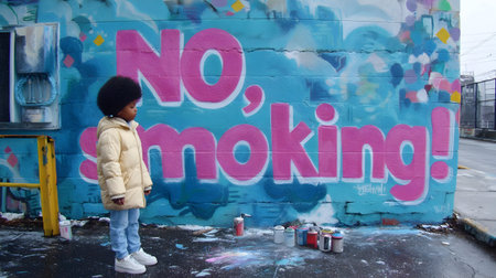 Child looks thoughtfully at colorful no smoking mural on a city wall during daytimeの素材