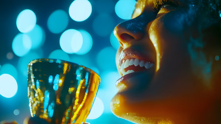 A person joyfully raises a golden cup, illuminated by colorful lights at a lively celebrationの素材